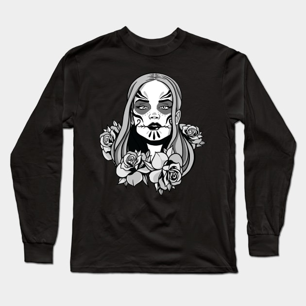 Sugar Skull Woman with Roses Black and White Long Sleeve T-Shirt by Kali Space